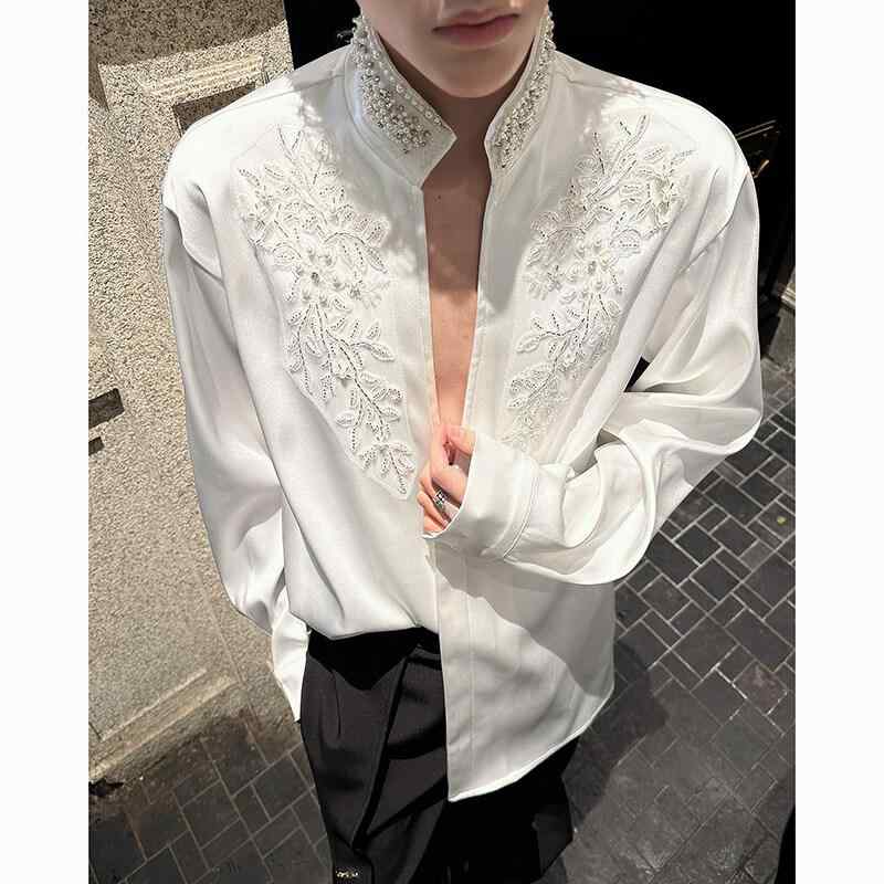 シャツ メンズ 春夏 高品質 100番手 麻素材 通気性 伸縮性 スパンコール刺繍 スリムフィット 長袖 無地..