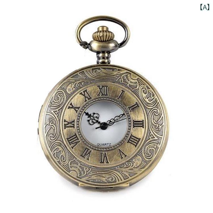 懐中時計 メンズ レディース ユニセックス アンティーク調 レトロ クラシック クォーツ式 アナログ表示 生活防水 合金製 ローマ数字 大きめ ビッグフェイス 丸型 オニオンリューズ クリスマス ギフト プレゼント(x2)