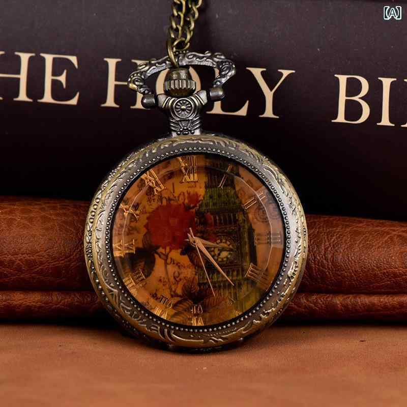 懐中時計 メンズ クオーツ 大型 防水 ビジネス フォーマル レトロ クラシックデザイン シリコンケース 琥珀色ガラス アンティーク真鍮カラー おしゃれ ウォッチ