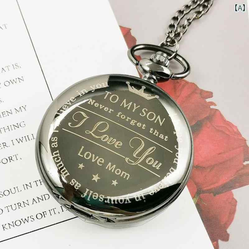 懐中時計 メンズ アンティーク調 ブロンズ レトロ クォーツ 防水 ローマ数字 息子へのメッセージデザイン 誕生日 記念日 プレゼント ギフト カジュアルスタイル 5cm大径