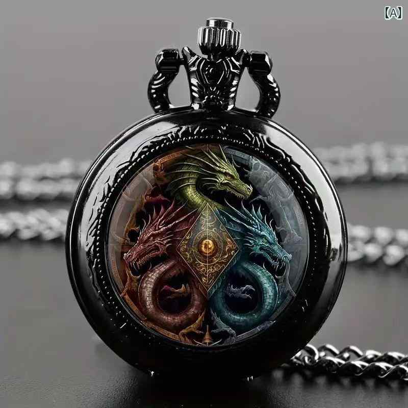 懐中時計 ユニセックス 学生 クォーツ式 24時間表示 カラフルな柄 レトロ アンティーク調 フリップカバー 蓋付き 飾り ペンダントウォッチ 個性的 おしゃれ トレンド ラウンド型 亜鉛合金製(x2)