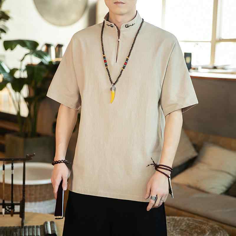 Tシャツ レディース シンプル 中国風 刺繍 ゆったり 大きいサイズ スタンドカラー 半袖 パフスリーブ シェニール素材 ストレッチ 春夏 大人カジュアル 黒 紺 カーキ