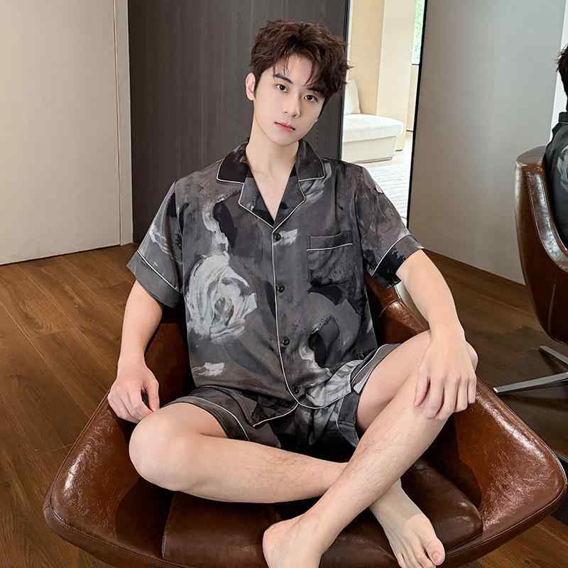 ルームウェア メンズ セットアップ 夏用 接触冷感 半袖 薄手 ゆったり 大きいサイズ 開襟 外着 部屋着 通気性 快適 ショートパンツ プリント柄 グレー ブラック
