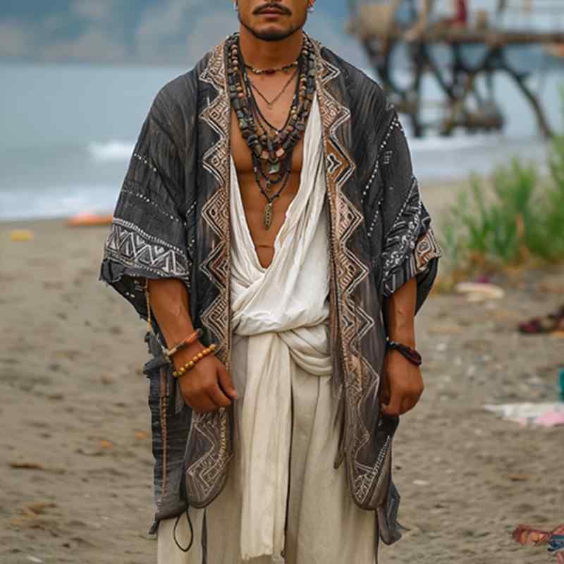 ビーチウェア メンズ UVカット 日焼け対策 ケープ リゾート カジュアル 着回し ゆったり 薄手 軽量 総柄プリント 欧米風 グレー ポリエステル綿混