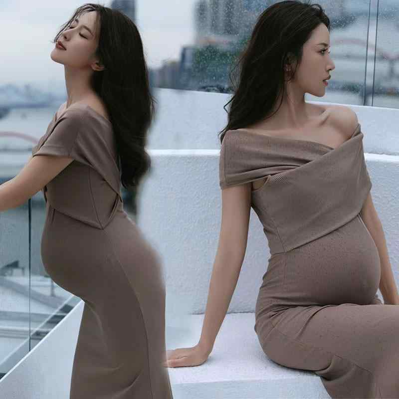 マタニティフォト 衣装 記念撮影 雑誌風 レトロ エレガント ブラウン ベアトップドレス ビスチェ ノー..