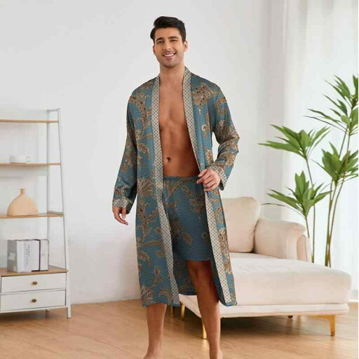 ルームウェア メンズ 薄手 プリント 長袖 ショートパンツ セット ロングガウン バスローブ パジャマ 寝巻き 部屋着 シルク調 ポリエステル Vネック 春夏秋 ルームウェア メンズ 薄手 プリント 長袖 ショートパンツ セット ロングガウン バスローブ パジャマ 寝巻き 部屋着 シルク調 ポリエステル Vネック 春夏秋
