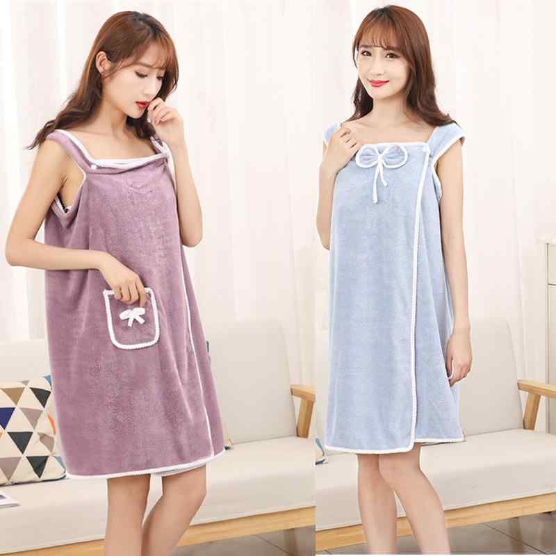 バスローブ レディース サンゴフリース 柔らか 厚手 吸水速乾 かわいい リボン ポケット付き 着るバスタオル 肩紐 ラップタオル ワンピース ルームウェア ワンサイズ(x2)