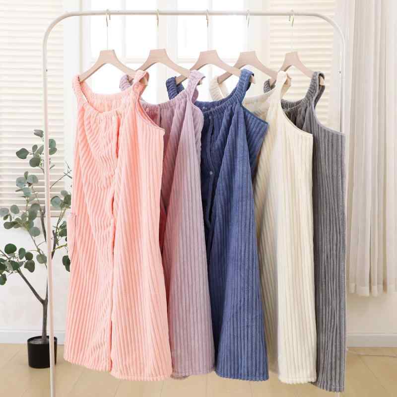 着るバスタオル レディース 吸水速乾 厚手 柔らか コーラルフリース ストライプ柄 肩紐付き ワンピース..