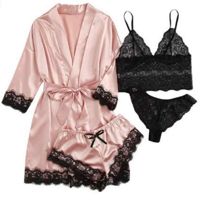 パジャマ レディース 4点セット キャミソール ショートパンツ ガウン ナイトドレス 薄手 レース ポリエステル Vネック 欧米風 春夏 部屋着 ルームウェア