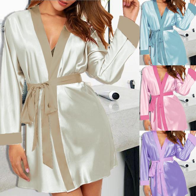 ナイトガウン メンズ サテン シルク 光沢感 無地 薄手 前開き Vネック ロング丈 春夏 ルームウェア 部..