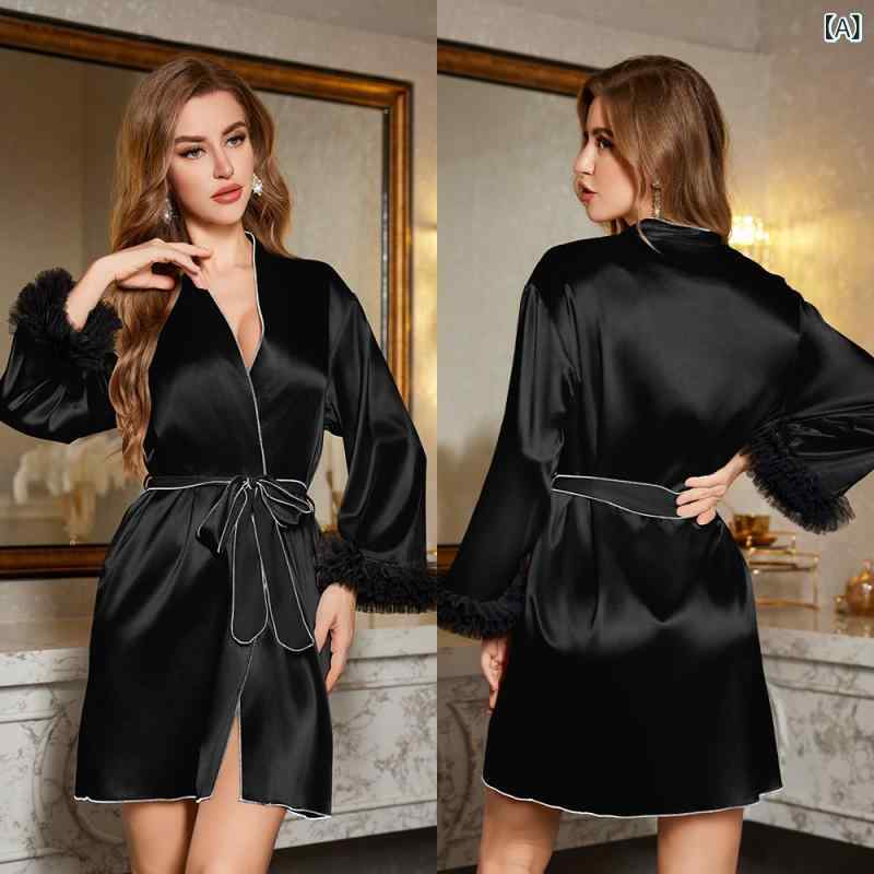 パジャマ レディース 高級感 セクシー 春夏 接触冷感 シルク調 薄手 軽量 Vネック 涼しい 快適 ショート丈 寝間着 バスローブ ルームウェア ブラック ホワイト