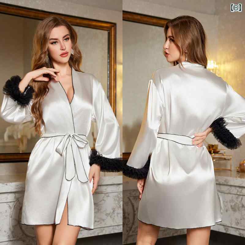 パジャマ レディース 高級感 セクシー 春夏 接触冷感 シルク調 薄手 軽量 Vネック 涼しい 快適 ショート丈 寝間着 バスローブ ルームウェア ブラック ホワイト