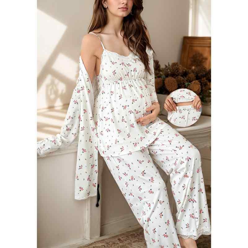 パジャマ レディース マタニティ 長袖 ロングパンツ 小花柄 ルームウェア 上品 レース 切り替え キャミソール カーディガン セットアップ オールシーズン ポリエステル素材 ゆったり 大きいサイズ