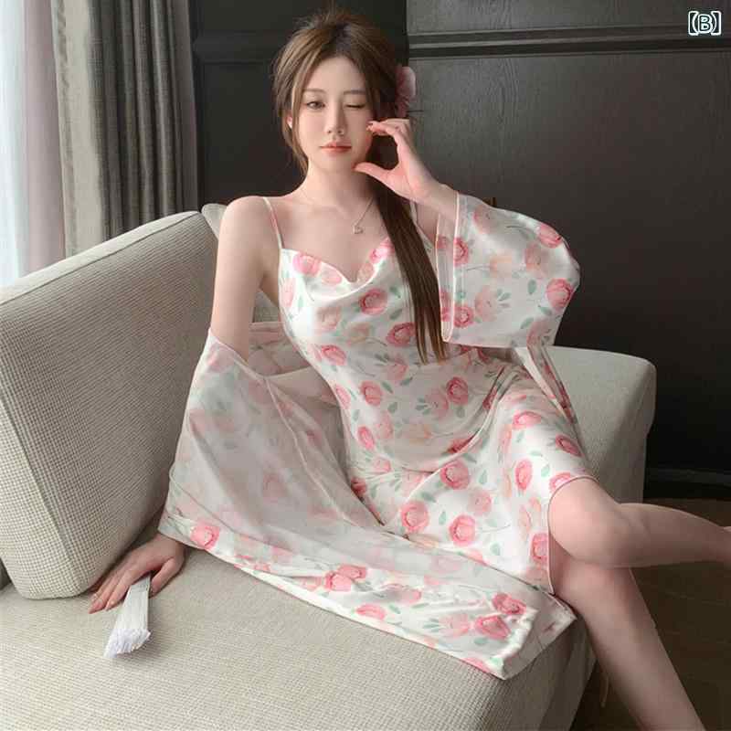 ルームウェア レディース 接触冷感 シルク調 高級感 プリント セクシー キャミソールワンピース ガウン 2点セット ドレープネック 外出OK オールシーズン