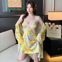 ナイトウェア レディース セクシー 接触冷感 通気性 快適 涼しい 小花柄 レース Vネック カップ付き キャミソールワンピース シルク調 ポリエステル ルームウェア 部屋着 外着可能 イエロー 春夏 2点セット(x2)