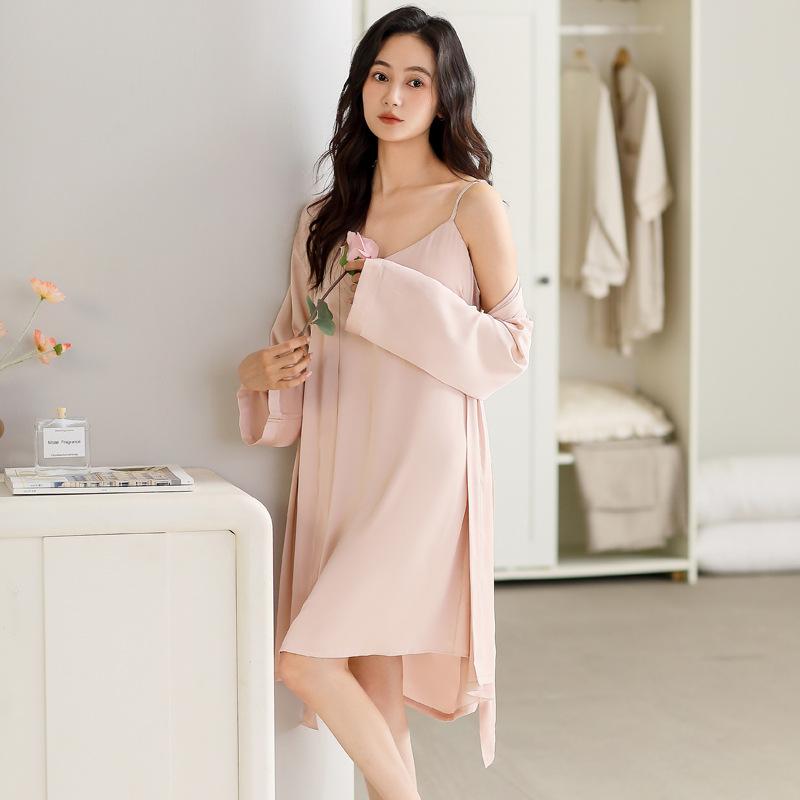 パジャマ レディース 接触冷感 ルームウェア 長袖 ガウン キャミソールワンピース 2点セット 薄手 春夏秋 無地 Vネック 伸縮性 快適 ワンマイルウェア 高級感