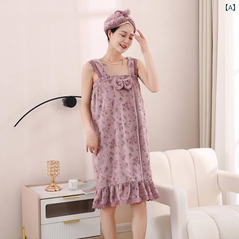 バスラップタオル レディース 吸水速乾 薄手 ストラップタイプ 春夏 サンゴマイヤー 着るバスタオル かわいい 小花柄プリント ヘアキャップ付き セット お風呂上がり プール 温泉 旅行 ジム 白 紫 ピンク(x2)