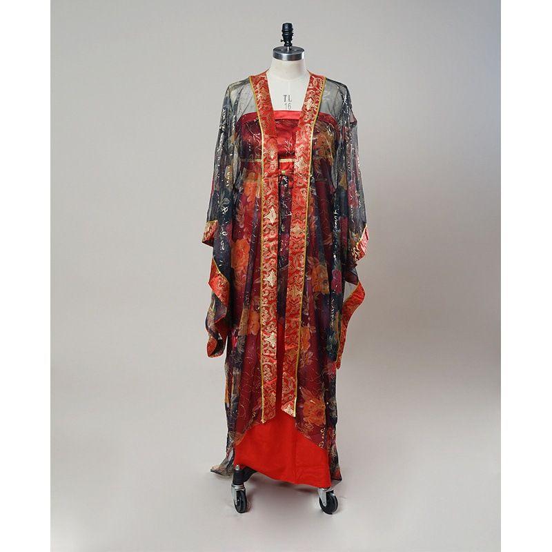 漢服 レディース 新中式 レトロ 華やか レッド 金糸 メッシュ レース 舞台演劇ドレス 発表会 コスプレ衣装 大人用 フリーサイズ セクシー(x2)