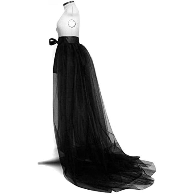 レディース ロングスカート チュール ボリューム トレーン ウエストリボン ギャザー 無地 春夏 黒 白 アイボリー 伸縮性 フェミニン(x2)