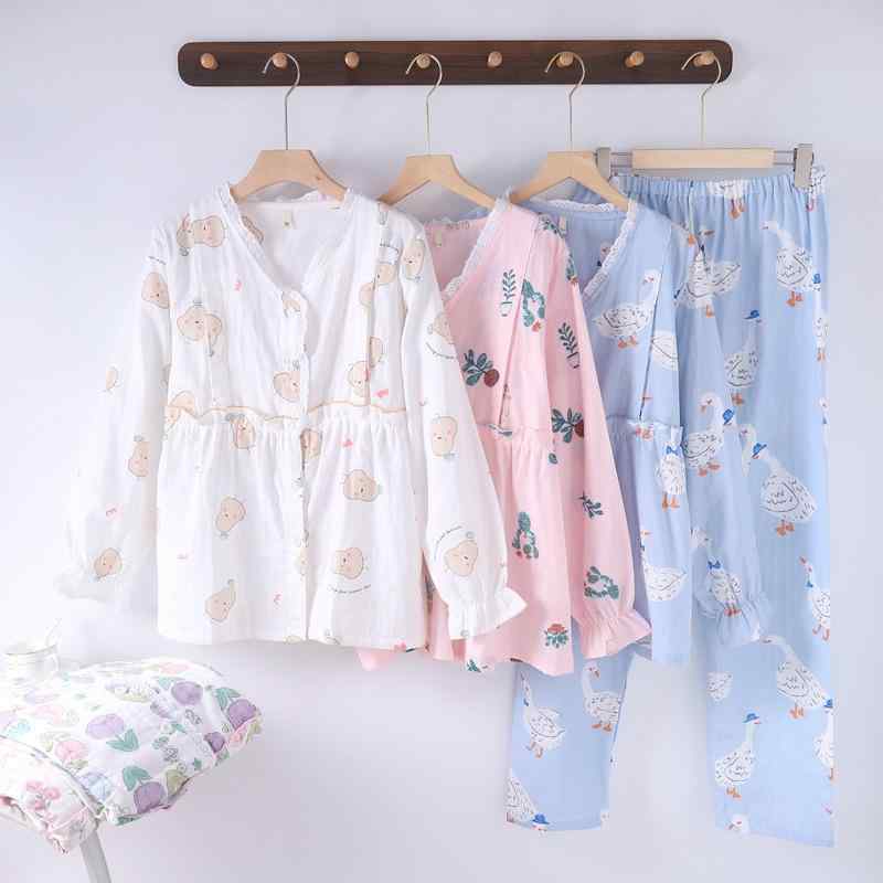 パジャマ マタニティ 妊婦 産後 授乳服 吸汗 二重ガーゼ Vネック 前開き 脇開き 綿 長袖 ロングパンツ ..