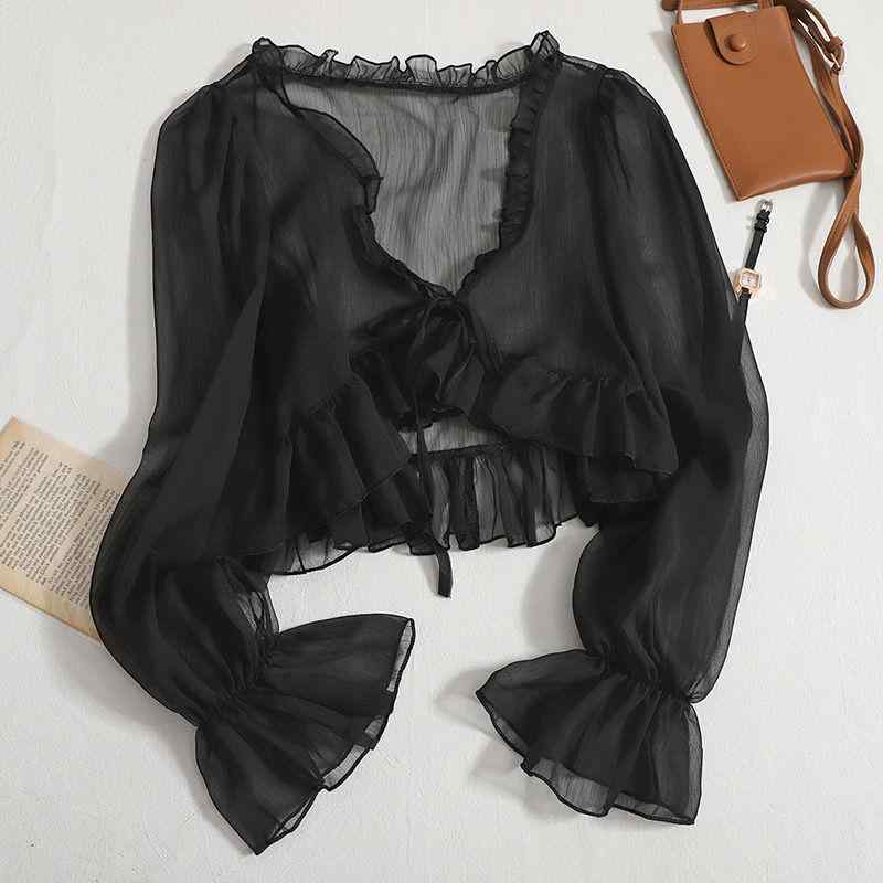 カーディガン レディース 春夏 UVカット 薄手 ゆったり シフォン ショート丈 長袖 Vネック シアー 羽織り