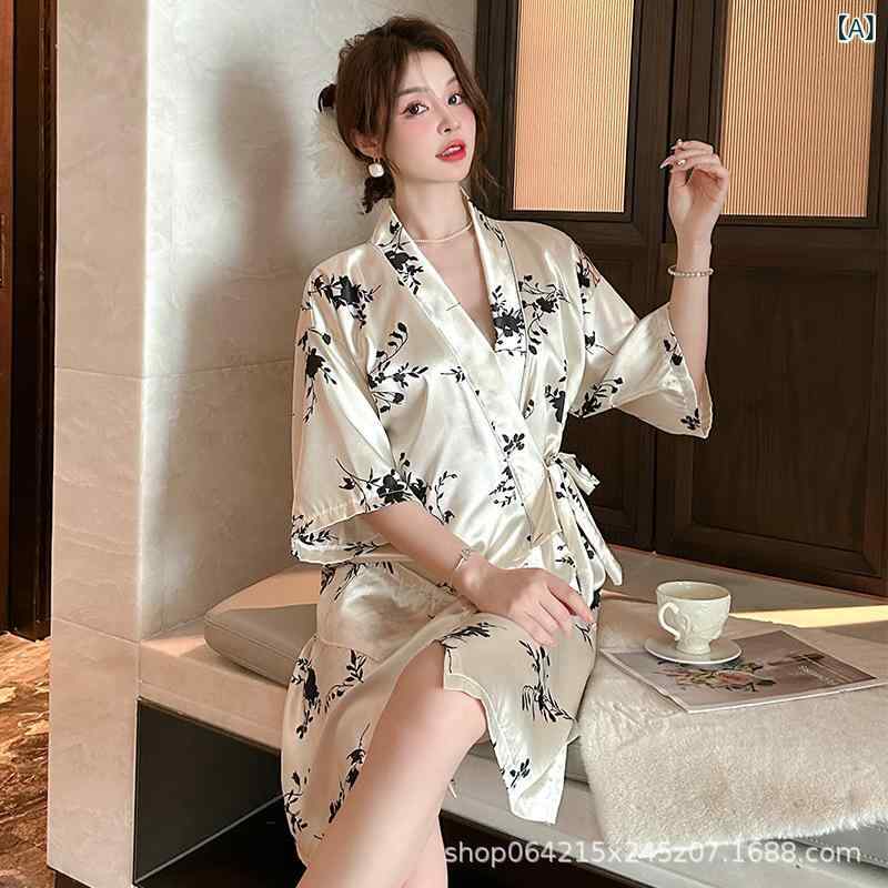 ルームウェア レディース 接触冷感 水墨画風プリント柄 長袖 バスローブ ガウン ネグリジェ ワンピース 春夏秋 ポリエステル パジャマ