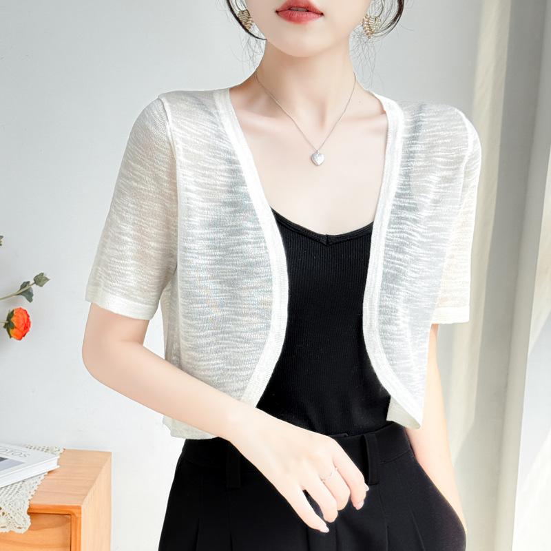 カーディガン レディース UVカット 日焼け対策 薄手 シアーニット ショート丈 麻調 無地 ゆったり 羽織り 春夏 通勤 ボレロ