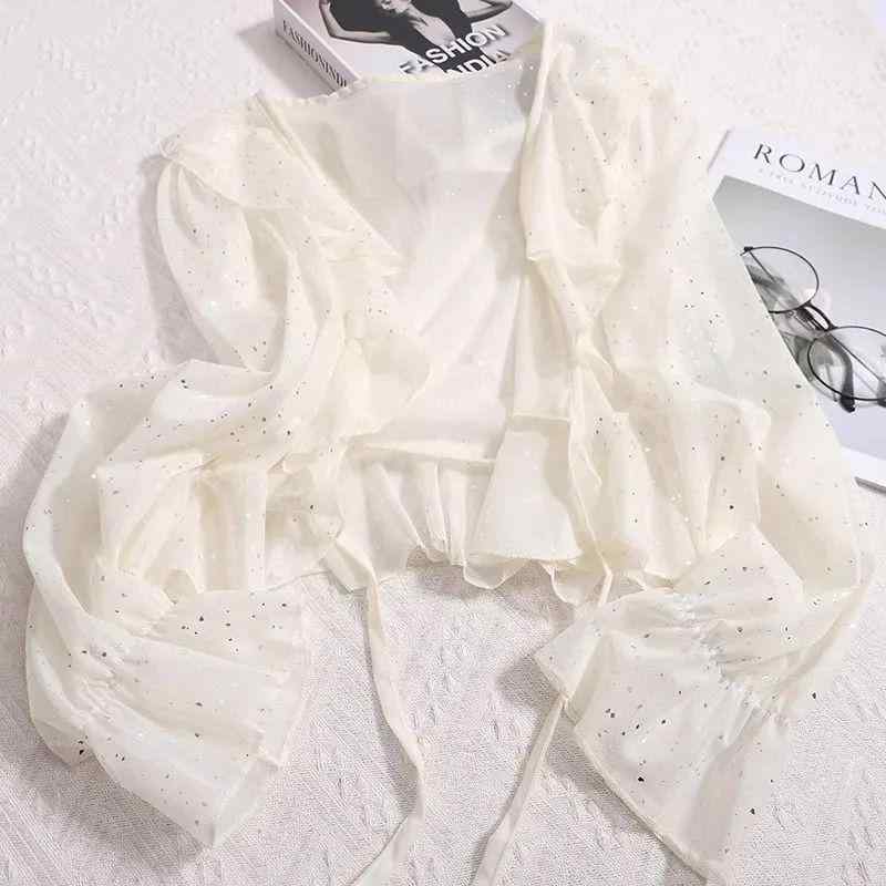 カーディガン レディース UVカット 軽量 薄手 春夏 シフォン スパンコール ラメ 長袖 フリル リボン シ..