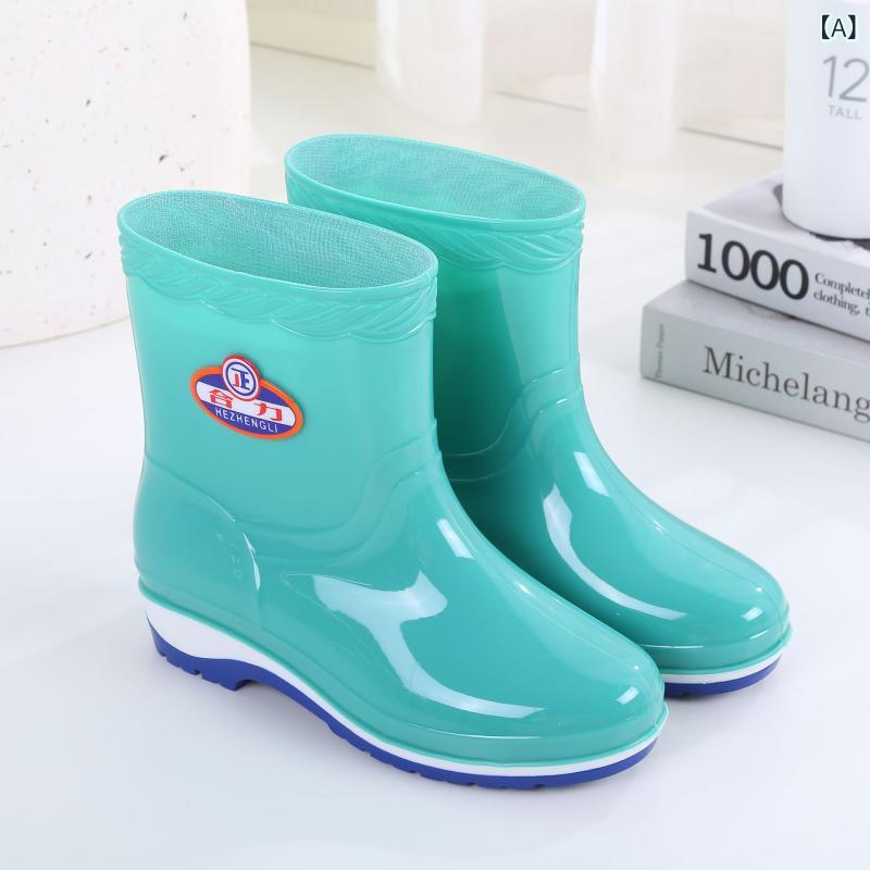 レインブーツ レディース 滑り止め 防水 耐摩耗 ミドル丈 作業用 キッチン ワーク PVC素材 ローヒール 無地 おしゃれ スリッポン オールシーズン 雨靴(...