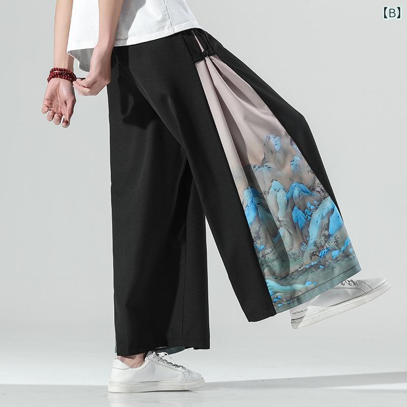 カジュアルパンツ メンズ 春夏 接触冷感 薄手 中国風 レトロ トレンド 切り替え ゆったり 大きいサイズ 9分丈 ワイドパンツ 竹繊維 スパンデックス