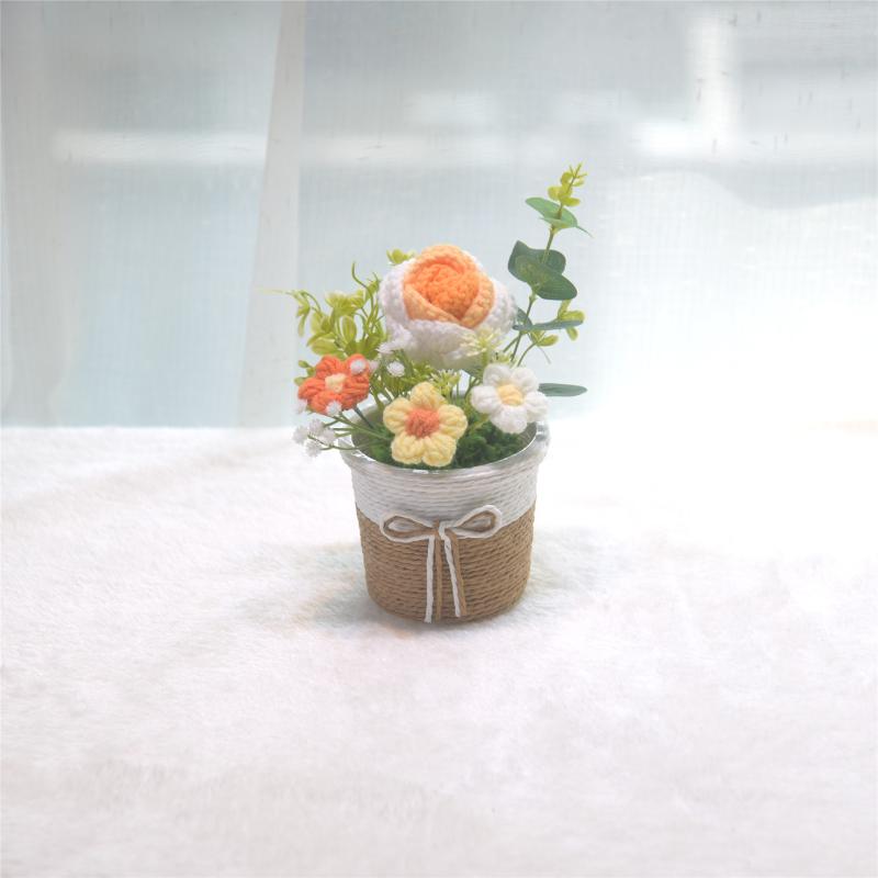 造花 ニット素材 バラ 卓上 鉢植え フェイクグリーン リビング ダイニング オフィス インテリア飾り ナチュラルスタイル オレンジ