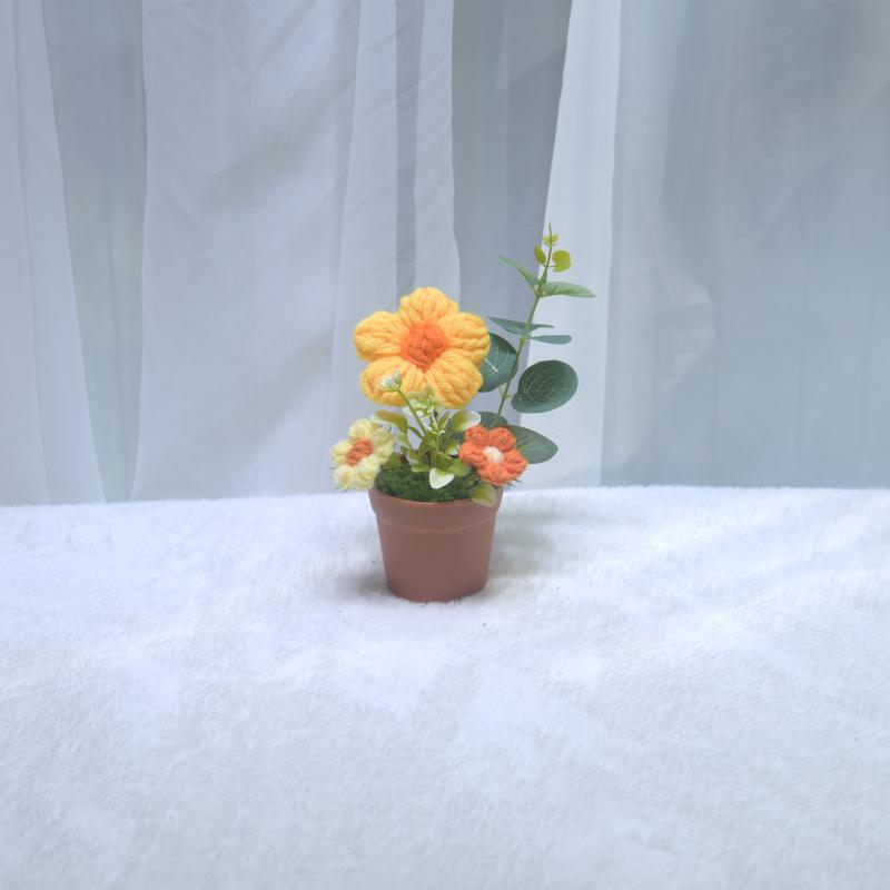 造花 手編み 毛糸 ミニ鉢植えブーケ 卓上置物 かわいい 誕生日プレゼント 撮影小物 ブラウン
