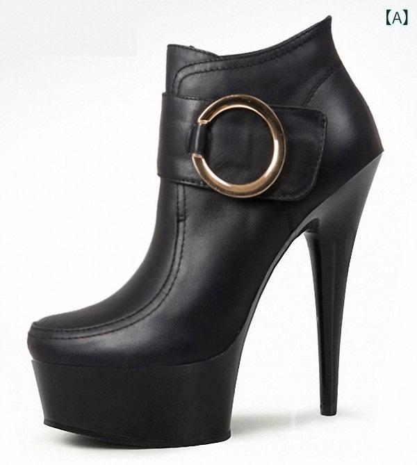 ショートブーツ レディース 脚長効果 スタイルアップ 厚底 15cmヒール 超ハイヒール 細ヒール フリンジ オープントゥ セクシー エレガント ナイトシーン パーティー イベント PUレザー 大きいサイズ対応 サイドジップ(x2)