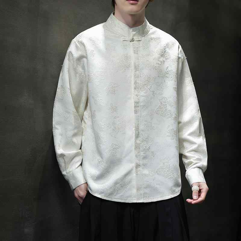 シャツ メンズ レディース 洗濯可能 シワになりにくい リネン混紡 ゆったり ルーズフィット カジュアル 春夏 中華風 レトロ スタンドカラー チャイナボタン ジャガード織り 植物花柄 長袖