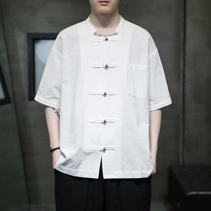 シャツ メンズ チャイナ風 立ち襟 半袖 綿麻 薄手 盤扣 銅ボタン ゆったり カジュアル ビッグサイズ ウ..