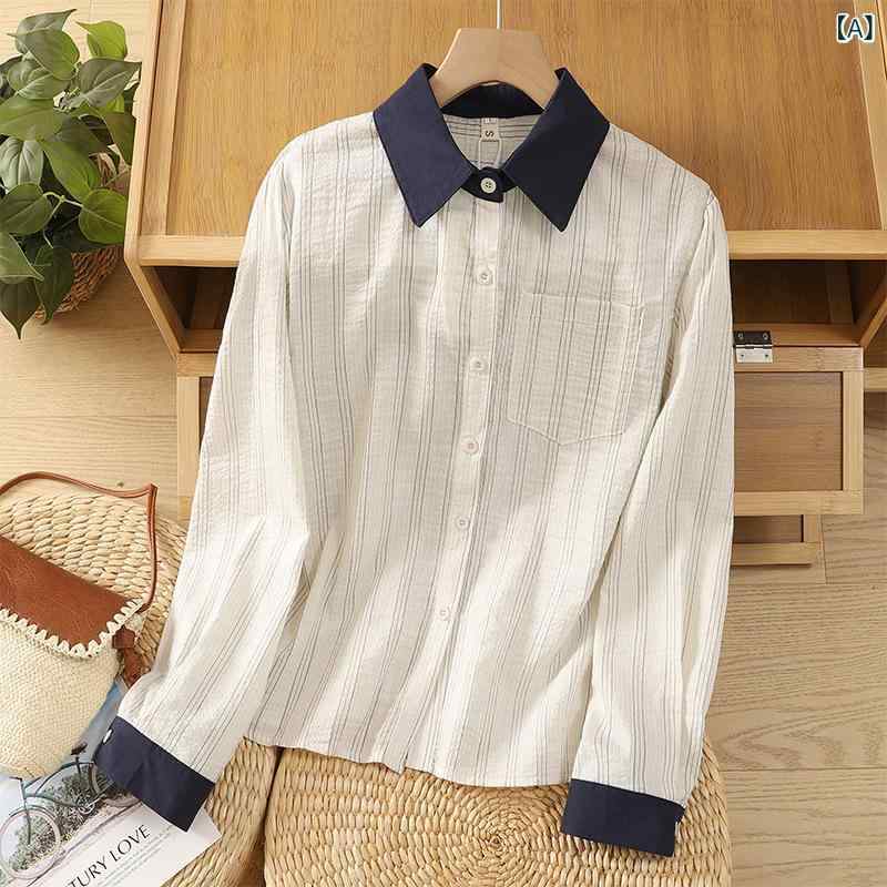 シャツ レディース 春夏 ストライプ柄 綿麻 ゆったり ルーズ カジュアル きれいめ 通勤 九分袖 前開き 襟付き レトロ ヴィンテージ リラックス コットンリネン