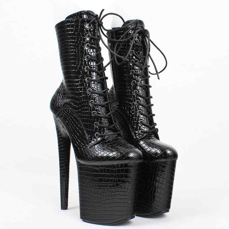 ショートブーツ レディース ポールダンス 20cmヒール 超ハイヒール 超厚底 プラットフォーム クロコダイル柄 編み上げ サイドジップ 耐摩耗性 ナイトクラブ モデル ショー 大きいサイズ ラウンドトゥ ブラック