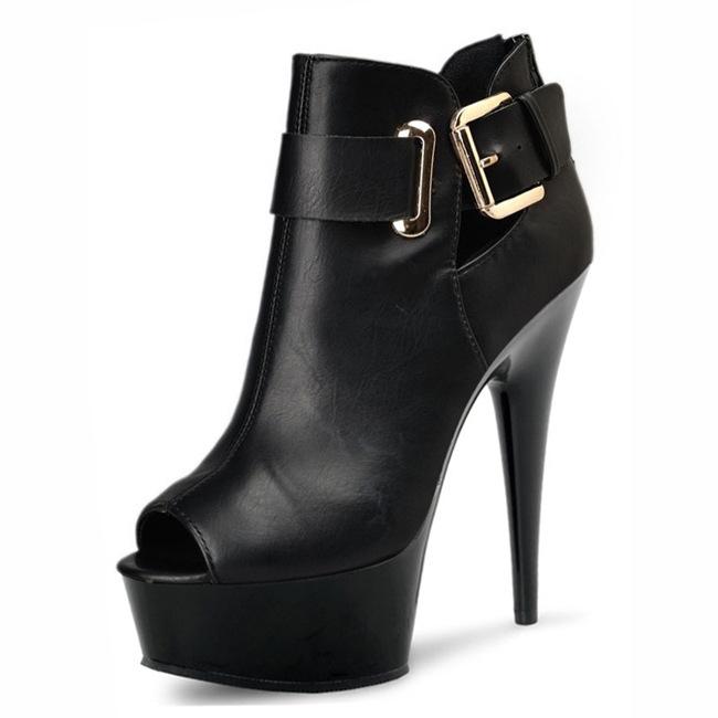 パンプス レディース 厚底 17cmヒール ピンヒール オープントゥ ハイカット セクシー ナイトクラブ キャバクラ ポールダンス 大きいサイズ 黒 PUレザー(x2)