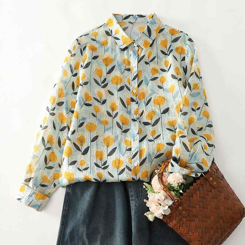 ブラウス レディース 軽量 薄手 ゆったり 小花柄 マカロンカラー スタンドカラー 長袖 春夏 前開き ポリエステル プリント トップス 上品 カジュアル 着回し