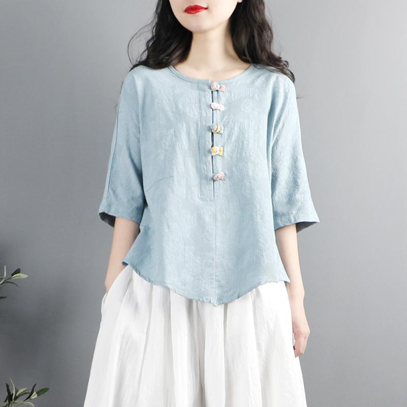 ブラウス レディース 綿麻 ゆったり 盤扣 半袖 春夏 レトロ 中国風 民族風 禅意 中華風 ラウンドネック 切り替えデザイン トップス 通勤 ルームウェア