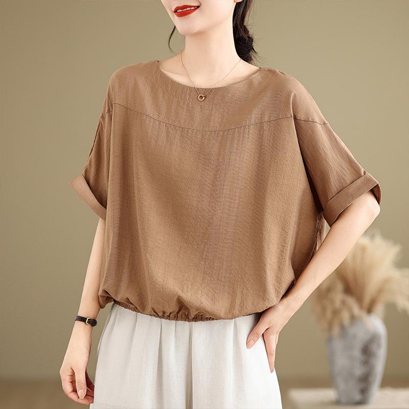 Tシャツ レディース ミセス ゆったり クルーネック 綿混 カジュアル トップス チャイナ風 レトロ 上品 切り替え 五分袖 プルオーバー 春夏