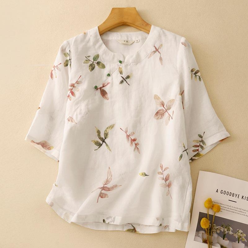 ブラウス レディース 春夏 レトロ カジュアル 中華風 エスニック スタンドカラー 花柄 綿麻素材 五分袖 ゆったり 体型カバー 通勤 オフィス リラックス ミドル丈