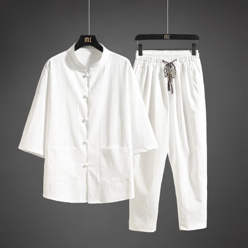 セットアップ メンズ 接触冷感 麻調 薄手 ゆったり 大きいサイズ チャイナ風 カジュアル 綿素材 長袖 シャツ ロングパンツ 春夏