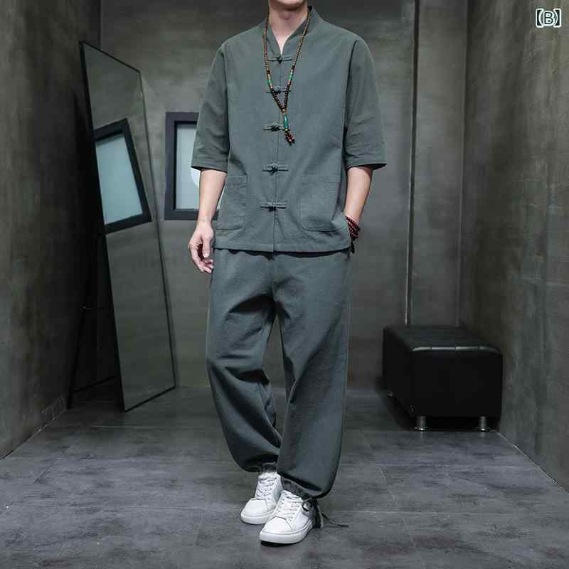 セットアップ メンズ 夏物 中国風 唐装 漢服 綿麻 リネン混紡 五分袖 シャツ 長ズボン 大きいサイズ ビッグサイズ ゆったり カジュアル 部屋着 2点セット