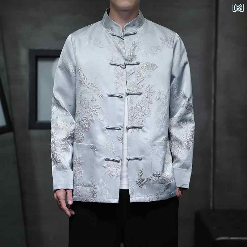 ジャケット メンズ シワになりにくい 伸縮性 竹繊維素材 秋冬 中国風 レトロスタイル ジャガード織り タンフースーツ 漢服 カジュアル 大きいサイズ アウター