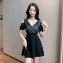 ワンピース レディース 春夏 エステ サロン 美容 マッサージ 制服 ユニフォーム Vネック 半袖 Aライン ショート丈 黒 ブラック ポリエステル素材 改良チャイナドレス モダン エレガント 上品(x2)