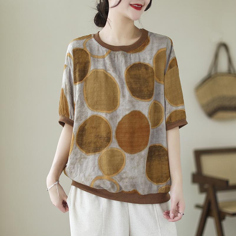 Tシャツ レディース 春夏 韓国風 ゆったり 体型カバー 半袖 上品 綿麻 プリント プルオーバー おしゃれ カジュアル 快適 クルーネック 通勤 イエロー