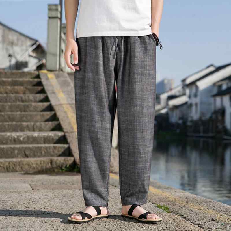 パンツ メンズ 薄手 綿麻素材 無地 シンプル 細身ストレート 中国風 チャイナ風 春夏 イージーパンツ リラックスパンツ 部屋着 ルームウェア 普段着 ロング丈 ミドルウエスト(4)