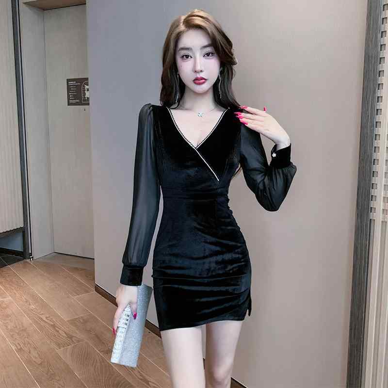 ワンピース レディース キャバドレス セクシー Vネック ローカット ブラックドレス 長袖 細見え スリムフィット ミニ丈 タイトスカート(x2)