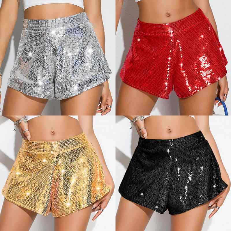 ショートパンツ レディース ハイウエスト スパンコール 高ストレッチ ポリエステル素材 ステージ ダンス クラブ イベント 衣装 セクシー ギャル系 ブラック ゴールド シルバー レッド